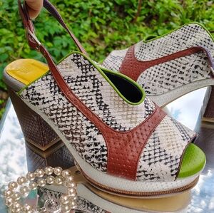 ALTURA SIE7E $200 SZ 25 US SZ 8 SLINGBACK PEEPTOE SNAKE HEELS SANDALS